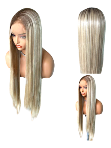 A light blonde synthetic wig