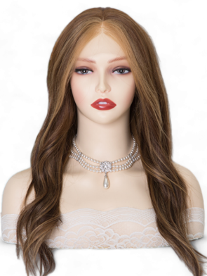 Image: Eleanor Straight Lace Front Wig - 16" length, medium brown base with subtle balayage highlights. Premium Remy Human Hair blend for soft, natural feel. Swiss Lace Top for seamless fit. Versatile style for effortless confidence.