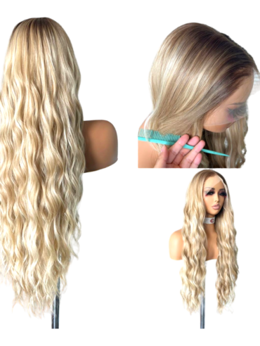 A medium blonde wavy synthetic wig.