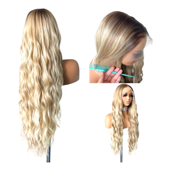 A medium blonde wavy synthetic wig.