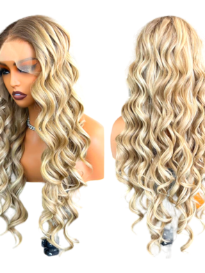 A medium blonde wavy synthetic wig.