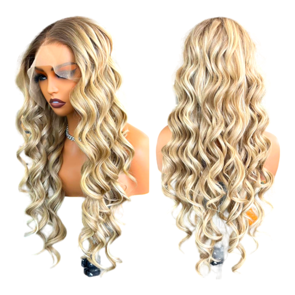 A medium blonde wavy synthetic wig.